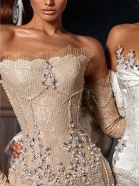 Embellished Strapless Champagne Corset Gown